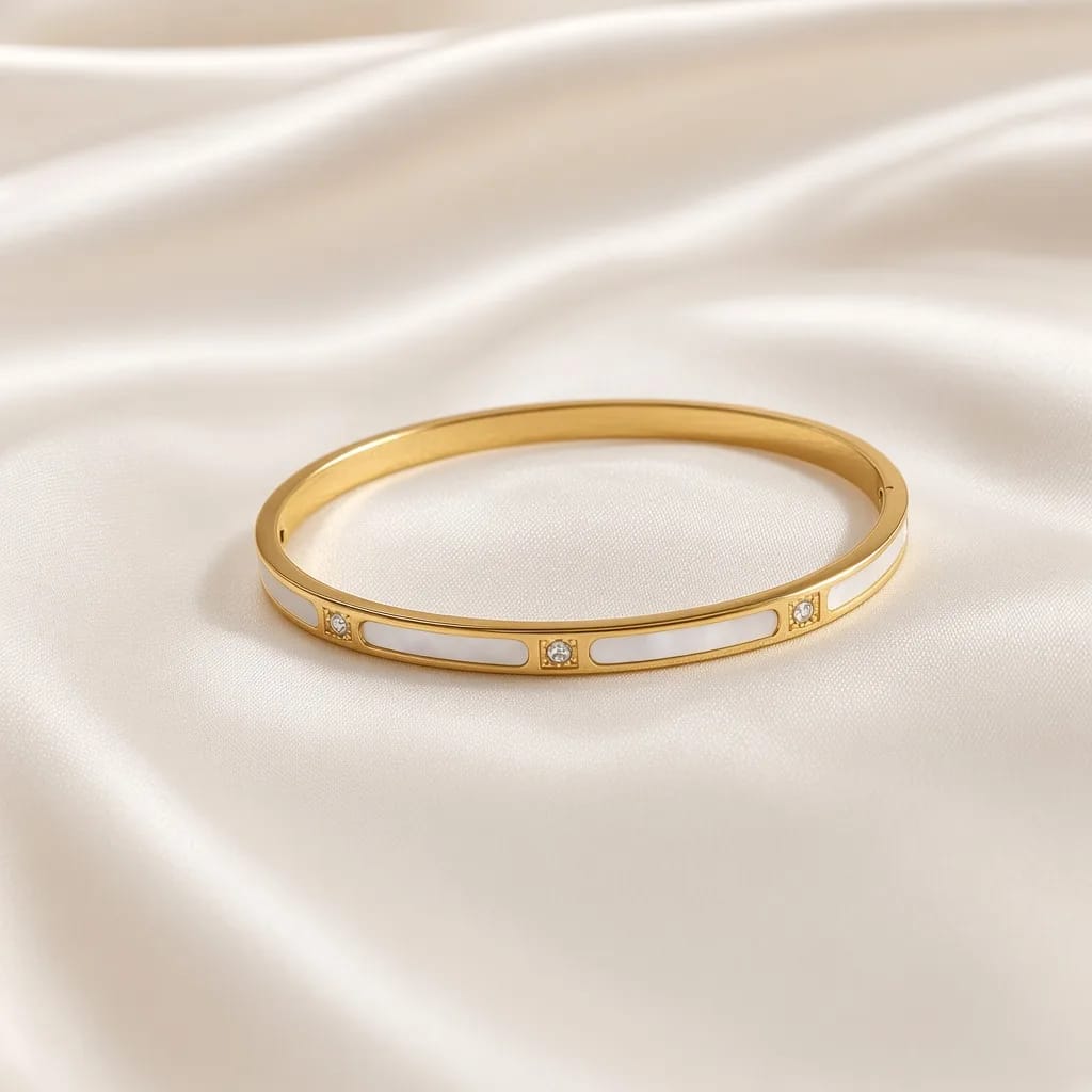 Slim gold bangle with white mother-of-pearl inlay and crystal dots — anti-tarnish bracelet by The Luxe Jewels