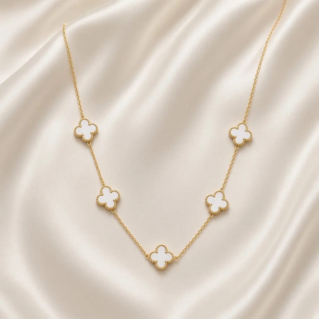 Gold necklace with five white clover motifs on silk — 18k gold plated anti-tarnish necklace by The Luxe Jewels