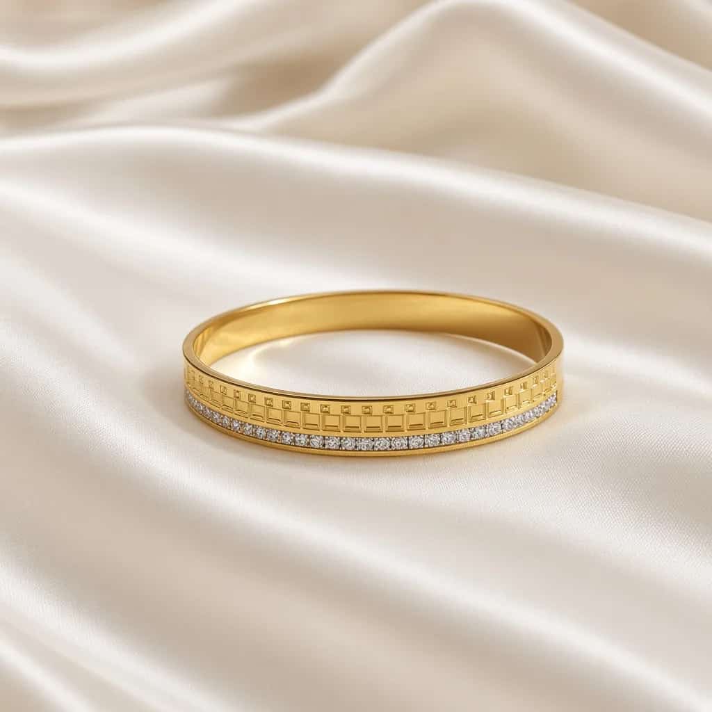 Gold bangle with two-tone checkered crystal rim — 18k gold plated anti-tarnish bracelet by The Luxe Jewels