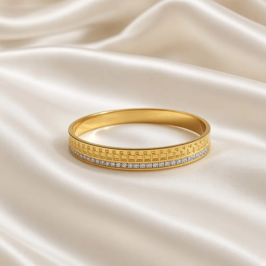 Gold bangle with two-tone checkered crystal rim — 18k gold plated anti-tarnish bracelet by The Luxe Jewels