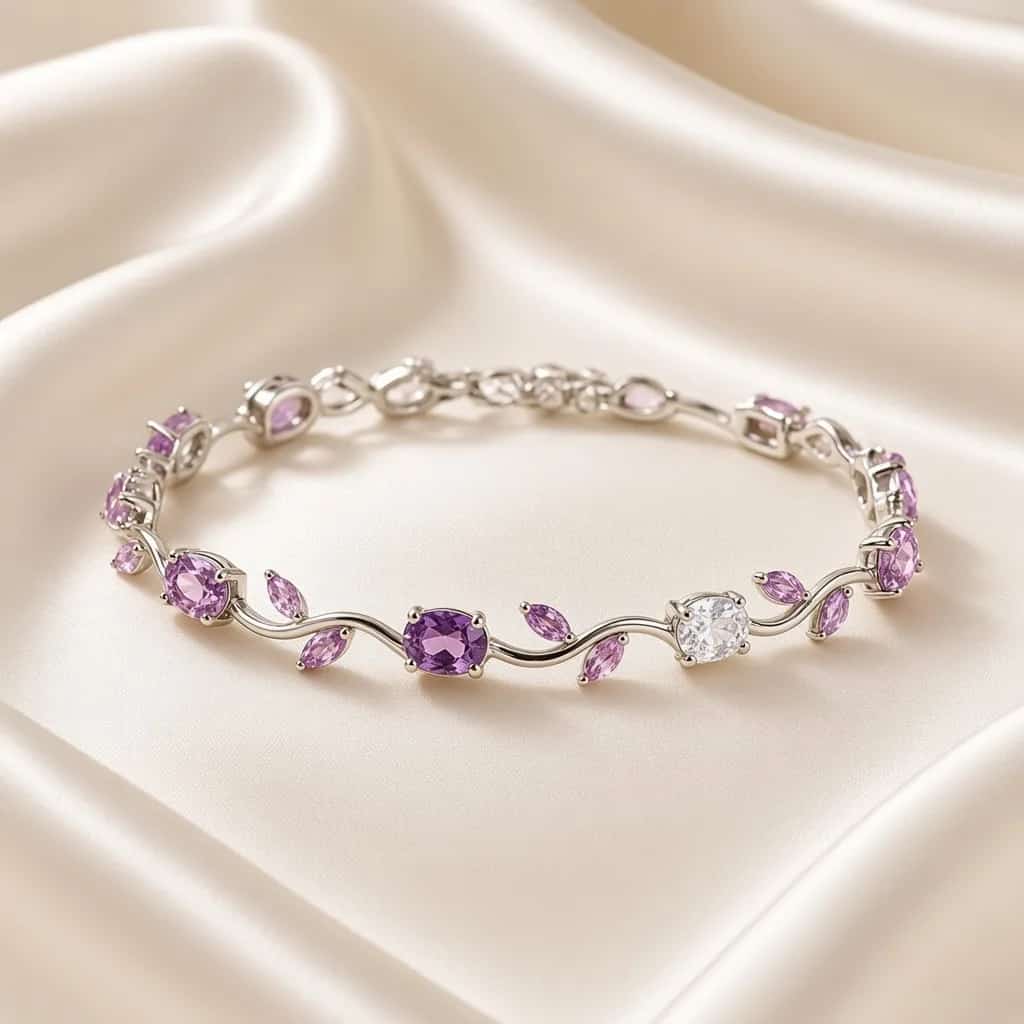 Silver-tone tennis bracelet with pink and purple gemstones in a vine design, worn on wrist
