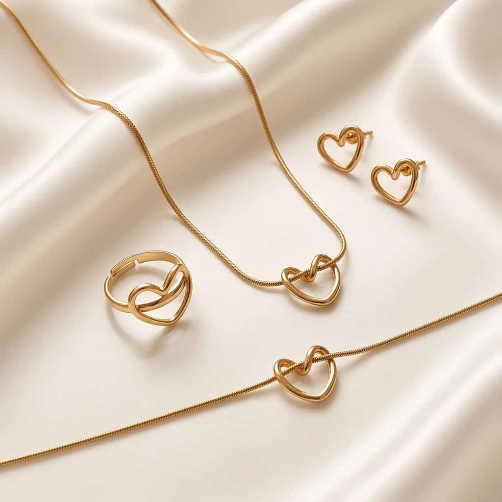 Gold heart knot jewelry set with necklace, earrings, ring, and bracelet